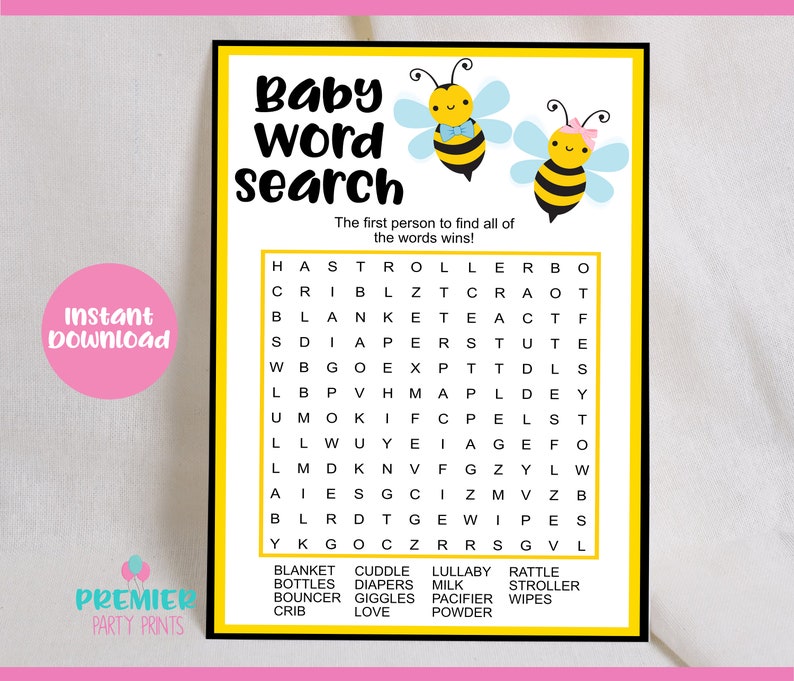 instant download baby bee baby word search gender reveal