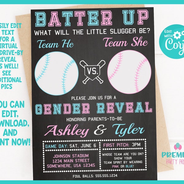 Editable Instant Access/Download Little Slugger Baseball Gender Reveal Invitation Version 1-GR018