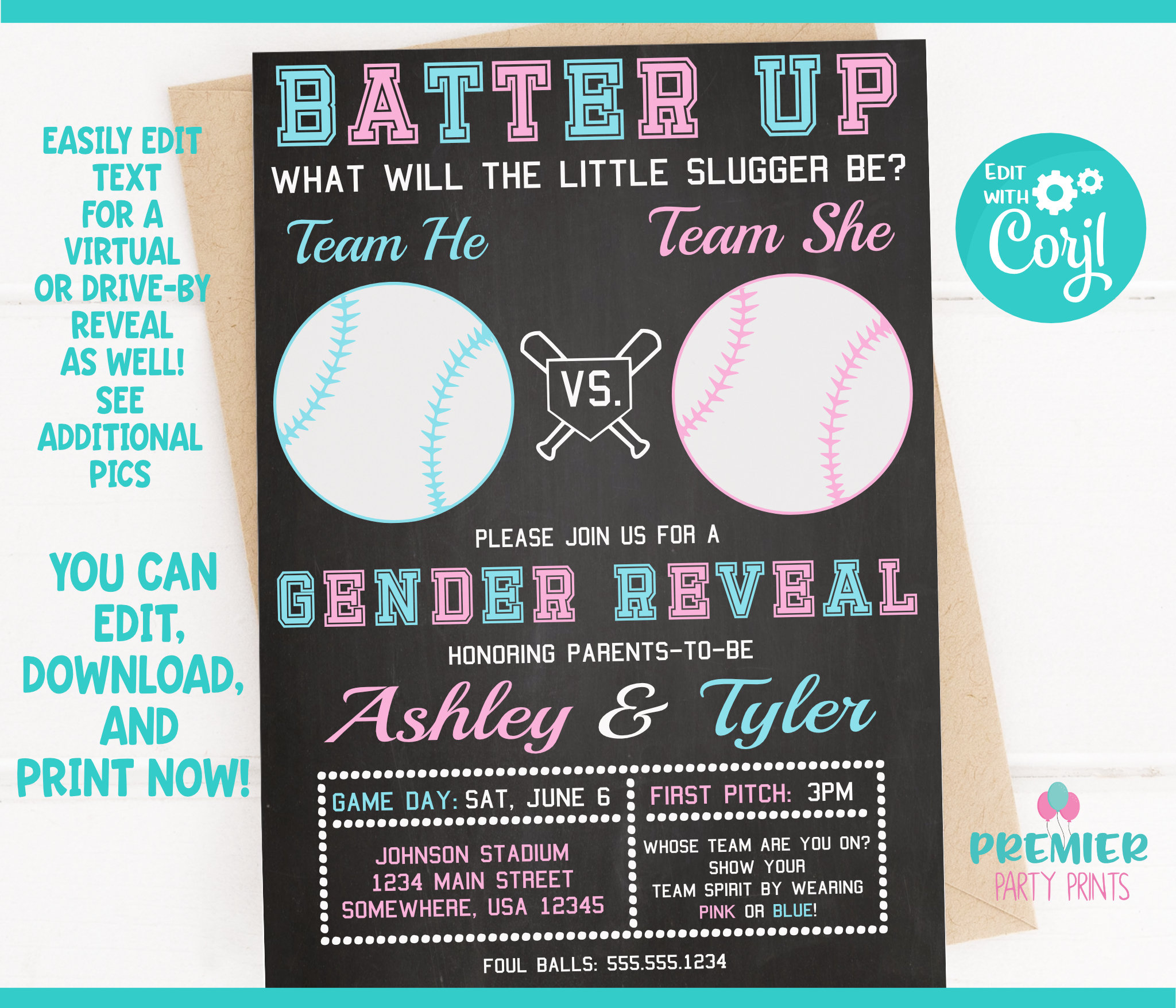 Editable Instant Access/Download Little Slugger Baseball Gender Reveal Invitation Version 1-GR018