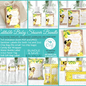 Editable Instant Access/Download Main Squeeze Lemon Baby Shower Bundle Brown Tone w/Afro Puffs-BS091