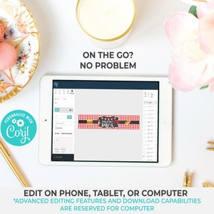 May include: A tablet screen displaying a digital design template for a baby shower party favor. The template features a red and white checkered background with a black chalkboard sign that says "Bubba & Sugar's Baby Q". The template is being edited using the Corjl online design platform.