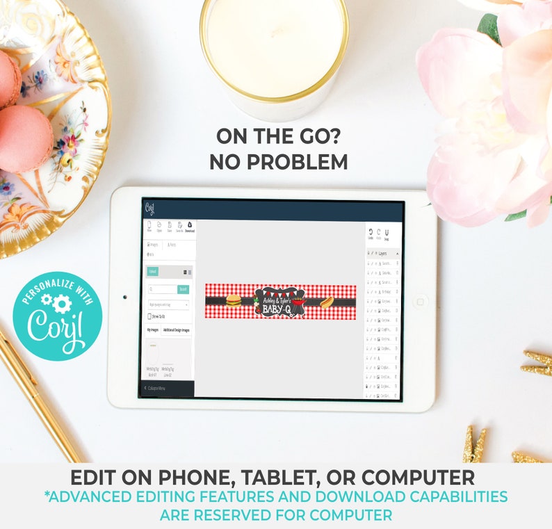 May include: A tablet screen displaying a digital design template for a baby shower party favor. The template features a red and white checkered background with a black chalkboard sign that says "Bubba & Sugar's Baby Q". The template is being edited using the Corjl online design platform.