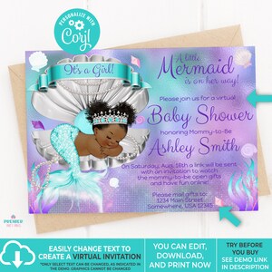 Editable Instant Access/Download Mermaid Baby Shower Invitation Brown Tone-BS064 image 3