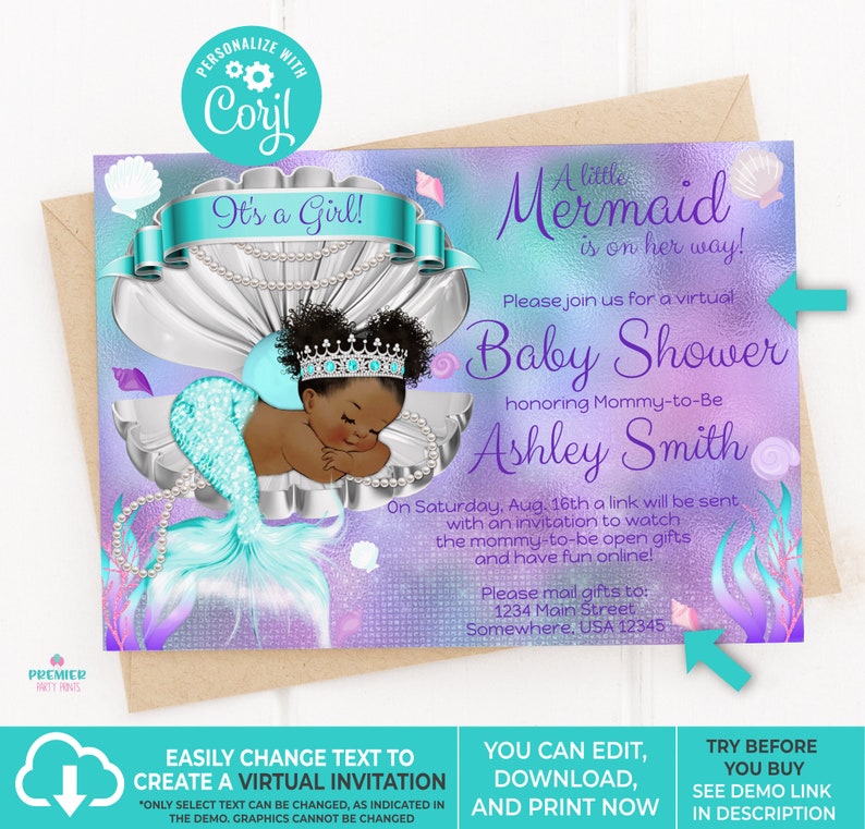 Editable Instant Access/Download Mermaid Baby Shower Invitation Brown Tone-BS064 image 3