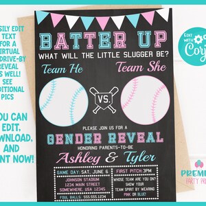 Editable Instant Access/Download Little Slugger Baseball Gender Reveal Invitation Version 2-GR018