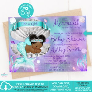 Editable Instant Access/Download Mermaid Baby Shower Invitation Brown Tone-BS064 image 2