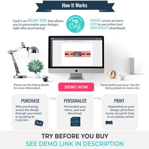 May include: A computer screen displaying a design template for a printable label. The label is red and white with the text "Mama's BBQ" and a graphic of a grill. The text "DEMO NOW" is on a pink button. The text "TRY BEFORE YOU BUY" and "SEE DEMO LINK IN DESCRIPTION" is on a blue background.
