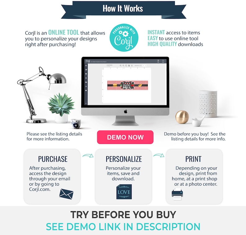 May include: A computer screen displaying a design template for a printable label. The label is red and white with the text "Mama's BBQ" and a graphic of a grill. The text "DEMO NOW" is on a pink button. The text "TRY BEFORE YOU BUY" and "SEE DEMO LINK IN DESCRIPTION" is on a blue background.
