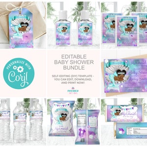 Editable Instant Access/Download Mermaid Baby Shower Bundle Brown Tone-BS064
