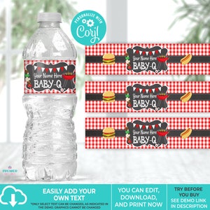 May include: Three printable water bottle labels with a red and white checkered background. The labels feature a chalkboard design with the text "Your Name Here BABY-Q" and illustrations of a hamburger, hot dog, and grill.