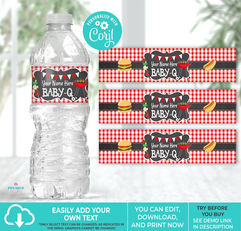 May include: Three printable water bottle labels with a red and white checkered background. The labels feature a chalkboard design with the text "Your Name Here BABY-Q" and illustrations of a hamburger, hot dog, and grill.