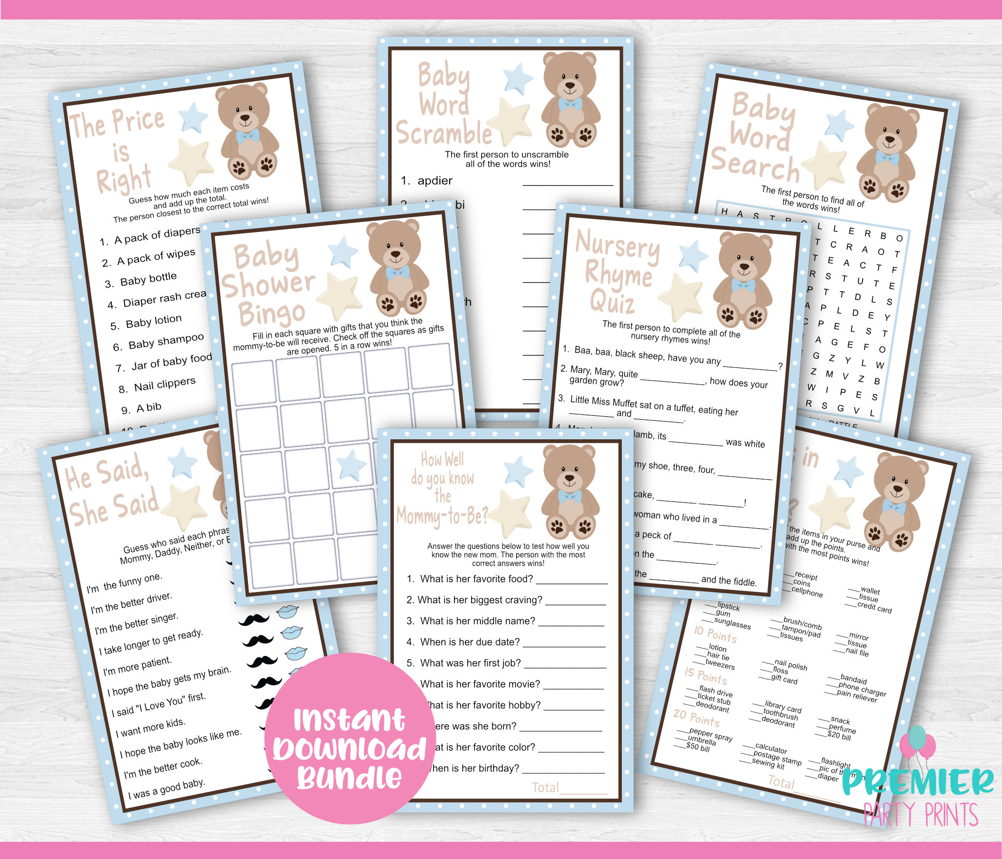 Instant Download Blue Teddy Bear Baby Shower 8 Game Bundle-bs018 - Etsy