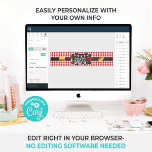 May include: A computer screen displaying a banner design template for a baby shower. The banner is red and white checkered with a black chalkboard background. The text on the banner reads "Ashley & Tyler's Baby-Q". The design is customizable using the Corjl software.