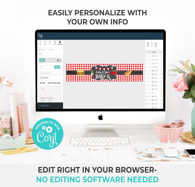 May include: A computer screen displaying a banner design template for a baby shower. The banner is red and white checkered with a black chalkboard background. The text on the banner reads "Ashley & Tyler's Baby-Q". The design is customizable using the Corjl software.