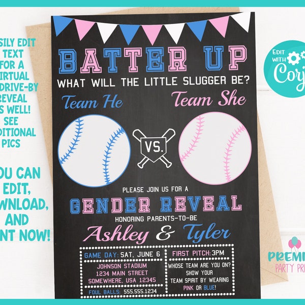 Editable Instant Access/Download Little Slugger Baseball Gender Reveal Invitation Version 2-GR024