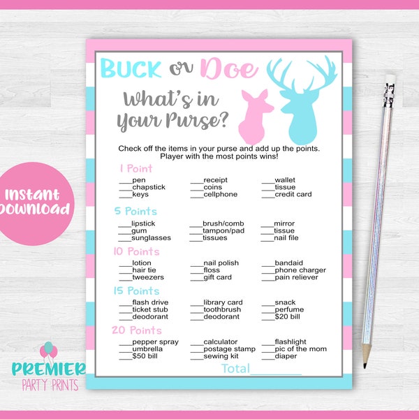 Instant Download Buck or Doe What's in Your Purse Gender Reveal Game-GR016