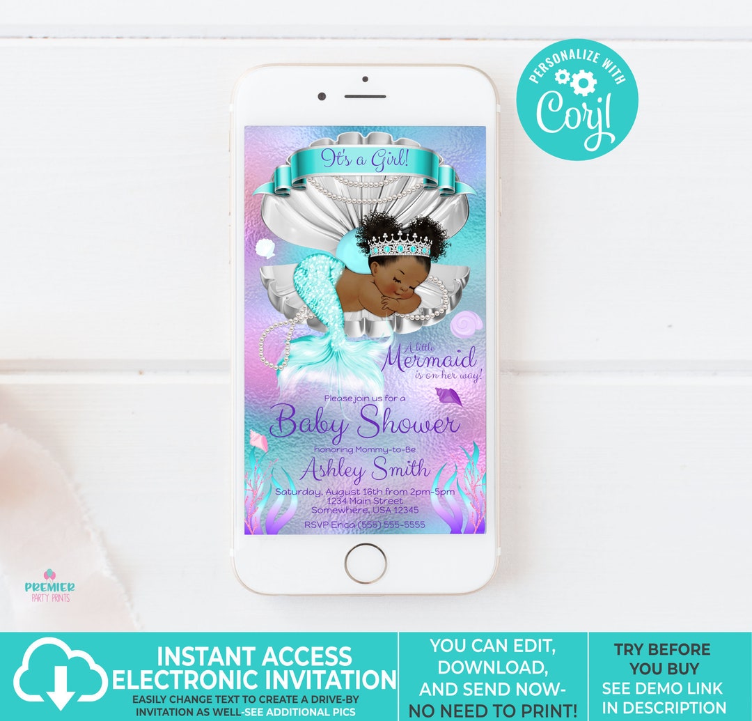 Editable Instant Access/download Mermaid Baby Shower Evite/electronic ...