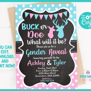 Editable Instant Access/Download Buck or Doe Gender Reveal Invitation Version 3-GR016
