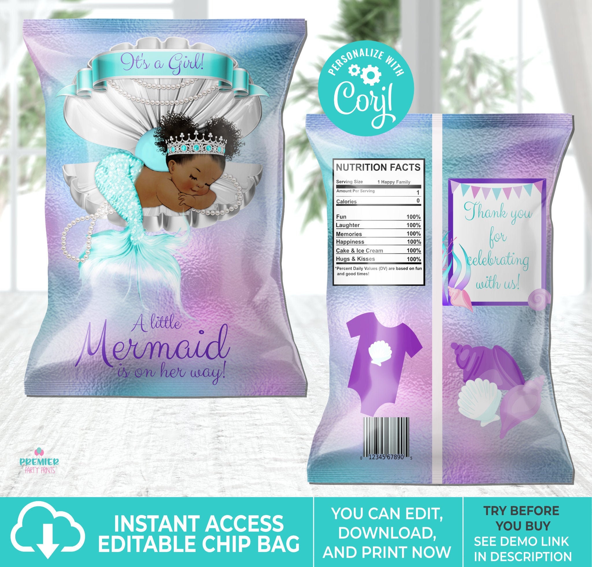 Editable Instant Access/Download Mermaid Baby Shower Chip Bag Brown Tone-BS064