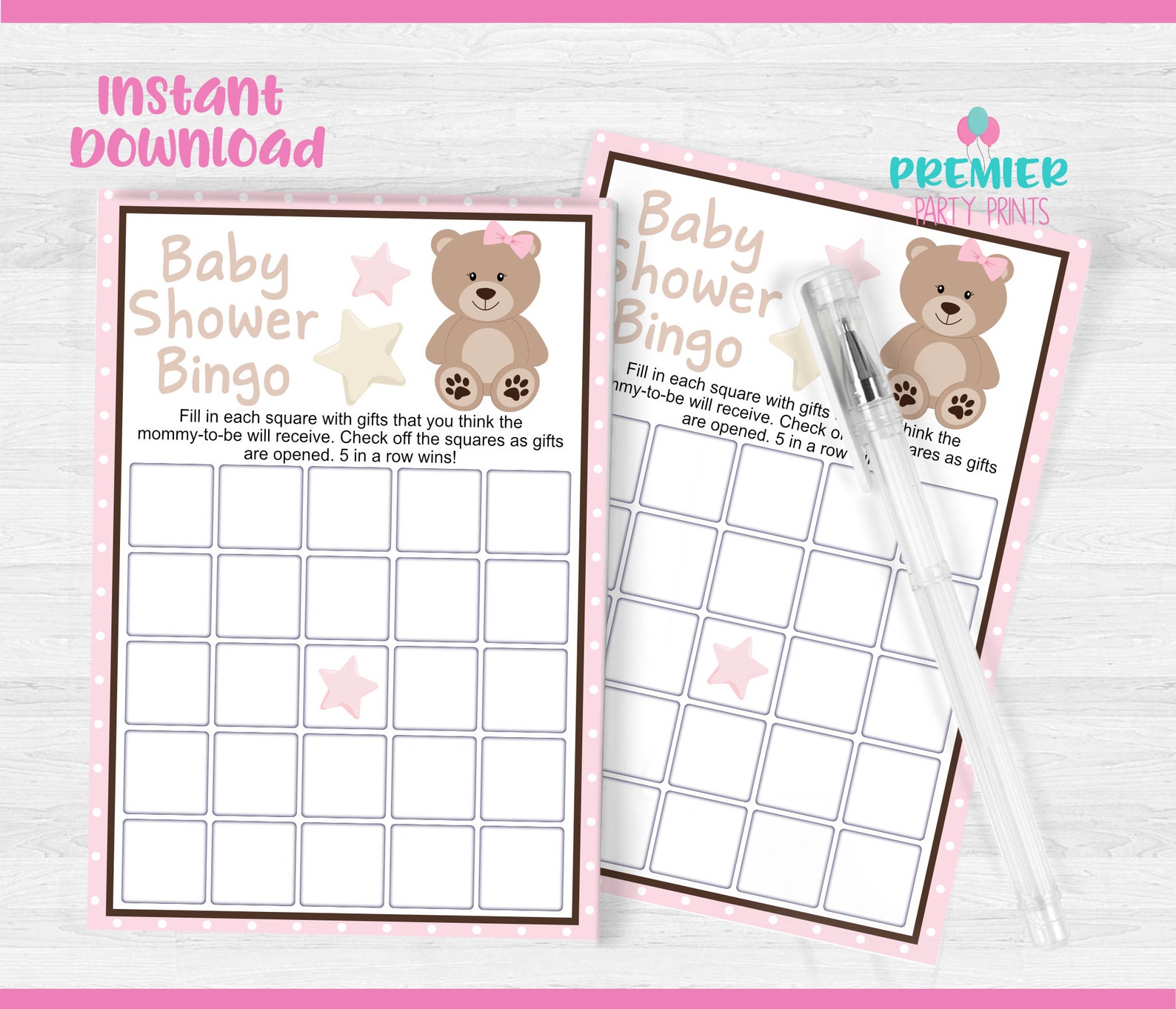 Instant Download Pink Teddy Bear Baby Shower Bingo Game-BS036 | Etsy