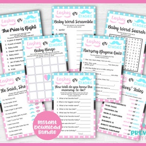 Può includere: Un set di giochi per baby shower stampabili con sfondi a pois rosa e blu. I giochi includono "Ciglia o Baffi", "Il Prezzo è Giusto", "Baby Bingo", "Scramble di Parole per Bebè", "Ricerca di Parole per Bebè", "Quiz sulle Filastrocche per Bambini", "Lui ha Detto, Lei ha Detto", "Quanto Bene Conosci la Futura Mamma?" e "Racconti di Mogli".