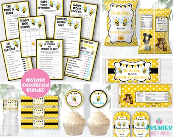 May include: A collection of yellow and white party supplies with a bee theme. Includes game cards, chip bags, candy bar wrappers, water bottle labels, cupcake toppers, and gift tags. The text includes "He or She... What will the Little Honey Bee?"