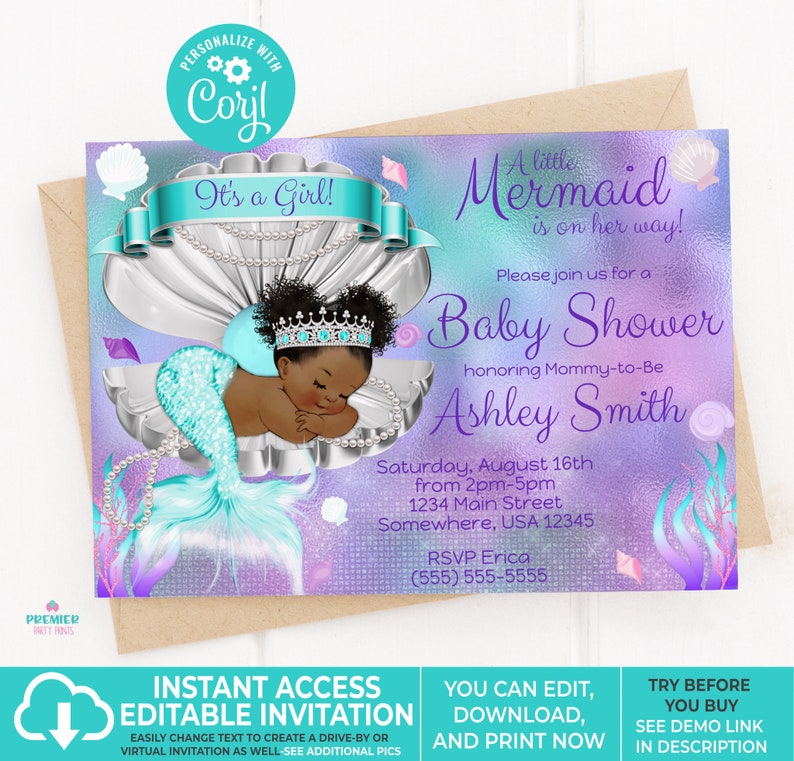 Editable Instant Access/Download Mermaid Baby Shower Invitation Brown Tone-BS064 image 1
