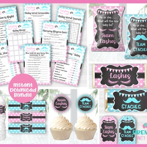 Instant Download Lashes or Staches Gender Reveal Game and Favor Bundle Version 2-GR010