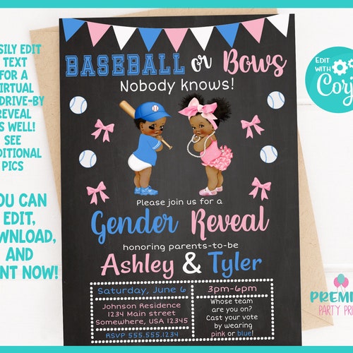 Baseball or Bows Gender Reveal Invitation Digital Printable Etsy