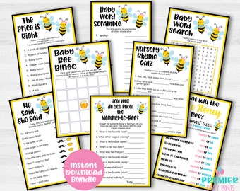 May include: A set of printable baby shower games featuring a bee theme. The games include "Baby Bee Bingo", "How Well Do You Know the Mommy-to-Bee?", "Baby Word Scramble", "Baby Word Search", "Nursery Rhyme Quiz", "He Said, She Said", and "What Will the Honey Bee?"