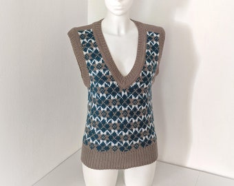 Elegante chaleco Fair Isle tejido a mano para hombre y mujer, jersey sin mangas con cuello en V, jersey para adolescentes, unisex sin mangas.