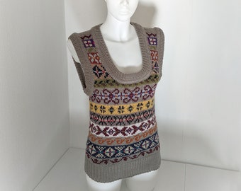Chaleco tejido a mano, jersey sin mangas con cuello en U y diseño Fair Isle, chaleco nórdico para mujer, chaleco para adolescentes, jersey tejido a mano estilo hippie.