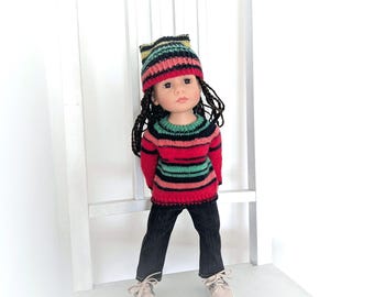 Conjunto de ropa para muñecas hecha a mano, jersey de punto a rayas de colores y gorro para Gotz Little Kidz de 14 pulgadas