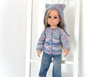 Cárdigan Fair Isle tejido a mano para Gotz Happy Kidz y gorro con orejas de perro. Ropa de muñeca estilo bohemio. Conjunto de muñeca tejido sin costuras.