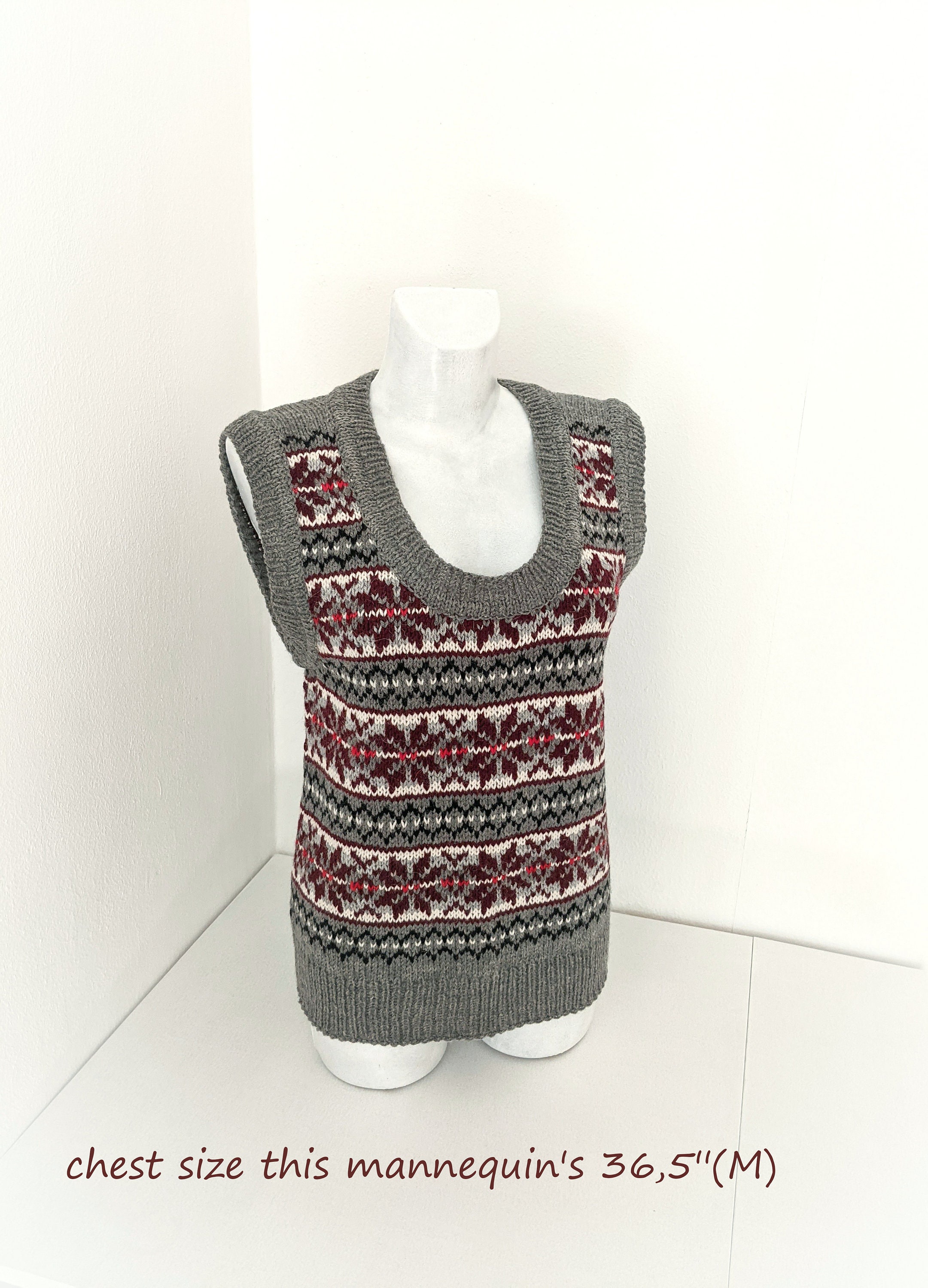 Fair Isle Hand Knitted Vest for Women, U-neck Slipover With an Ornament ...
