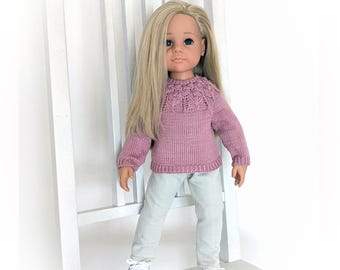 Suéter de punto a mano con canesú de encaje para muñecas, color rosa empolvado, para muñecas Gotz de 19 pulgadas.