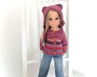Ropa de muñeca estilo bohemio tejida a mano para Gotz de 19 pulgadas, cárdigan jacquard colorido y gorro estilo "orejas de oso".