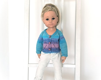 Cárdigan de algodón hecho a mano para muñecas con corazones de encaje, suéter de punto sin costuras para muñecas Gotz de 48 cm, cárdigan de punto de algodón con efecto degradado azul y morado.