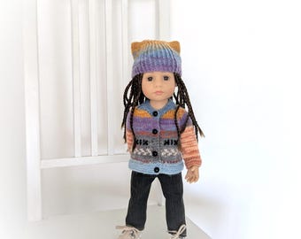 Conjunto de punto hecho a mano para muñecas Gotz de 14 pulgadas, cárdigan y gorro de jacquard colorido, cárdigan y gorro de lana seccional esponjoso.