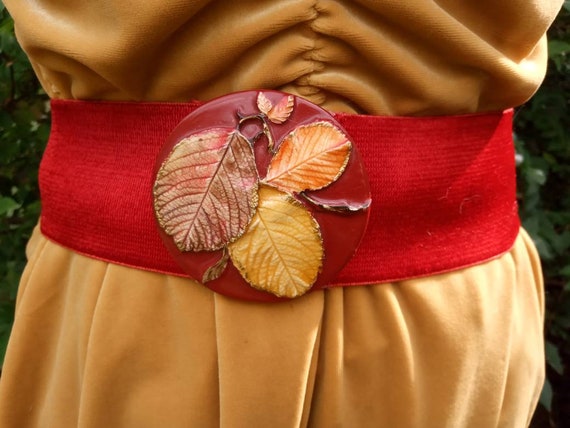 Red Vintage Waist Belt Autumn Leaves - image 3