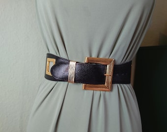Vintage 90s Wide Patent Croco Leather Belt Large Buckle Wide Leather Black Croc Belt with Gold Buckle | BRAHMIN main image 4
