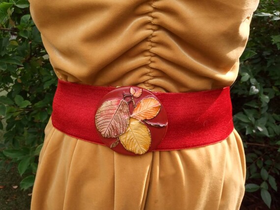 Red Vintage Waist Belt Autumn Leaves - image 1