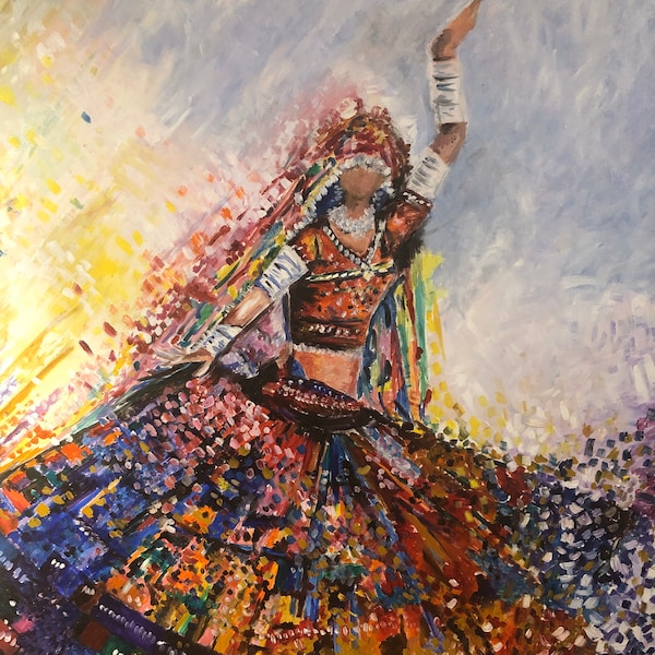 Peinture de danseuse du Rajasthan, peinture de danse indienne pakistanaise, huile sur toile, faite main