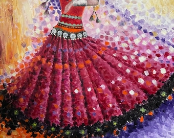 Puede incluir: Una pintura de una mujer con un vestido rojo y morado con un velo blanco. La mujer está bailando y su vestido fluye a su alrededor. El fondo es una mezcla de amarillo, naranja y morado.