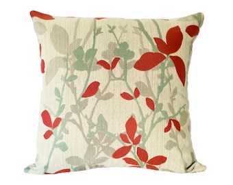 Red and teal leaf, floral designs on a neutral beige background pillow cover, 18"by 18" heavyweight upholstery fabric
