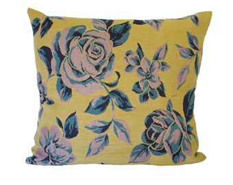 Large blue and purple floral print on dark mustard background pillow cover, tapestry fabric, floral design, one of the kind
