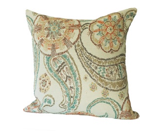 Neutral  background with multicolored paisley designs pillow insert, heavy weight upholstery fabric