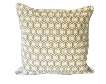 Brown hexagon geometric print on the neutral background pillow cover 20"X20", midcentury design, heavyweight upholstery fabric