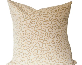 Abstract line design pillow, warm brown on sand coloured background, natural cotton and linen, one of the kind pillow