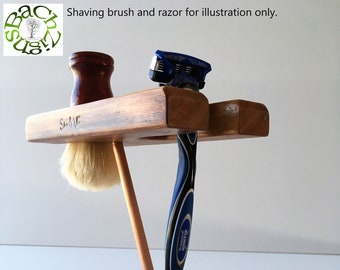 Handcrafted Pitch Pine Wooden Shaving Stand for Razor and Shaving Brush with copper upright, for traditional wet shavers, gift for him.